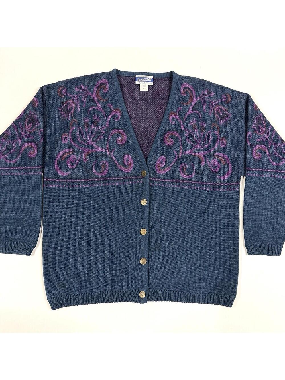 Vintage Pendleton Jacquard Knit Wool Cardigan Sweater Sz XL Teal Purple Floral